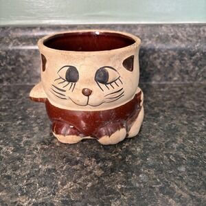 Vintage Retro Painted Cat Kitten Stoneware Pottery Pot Succulent Planter